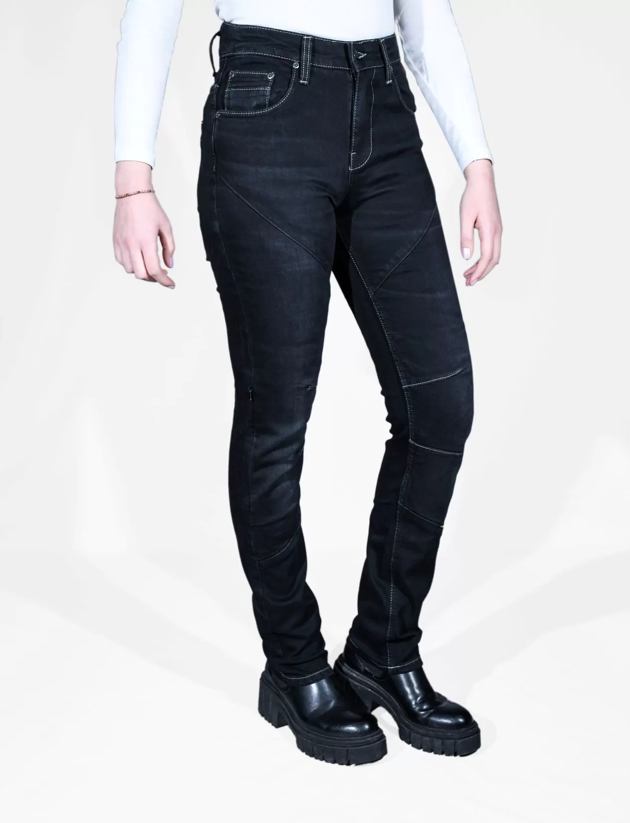 Riderdenim Karayel kadın siyah motosiklet kotu, önden
