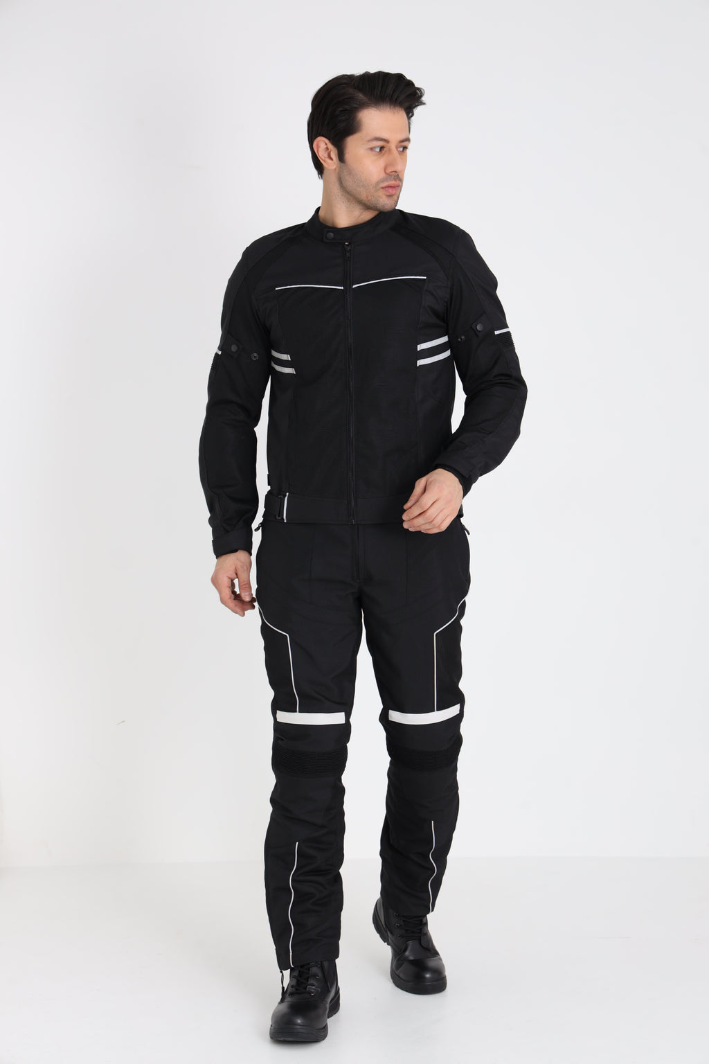 Yazlık Motosiklet Takımı — Mont + Pantolon, Reflektörlü, Siyah - önden görünüm